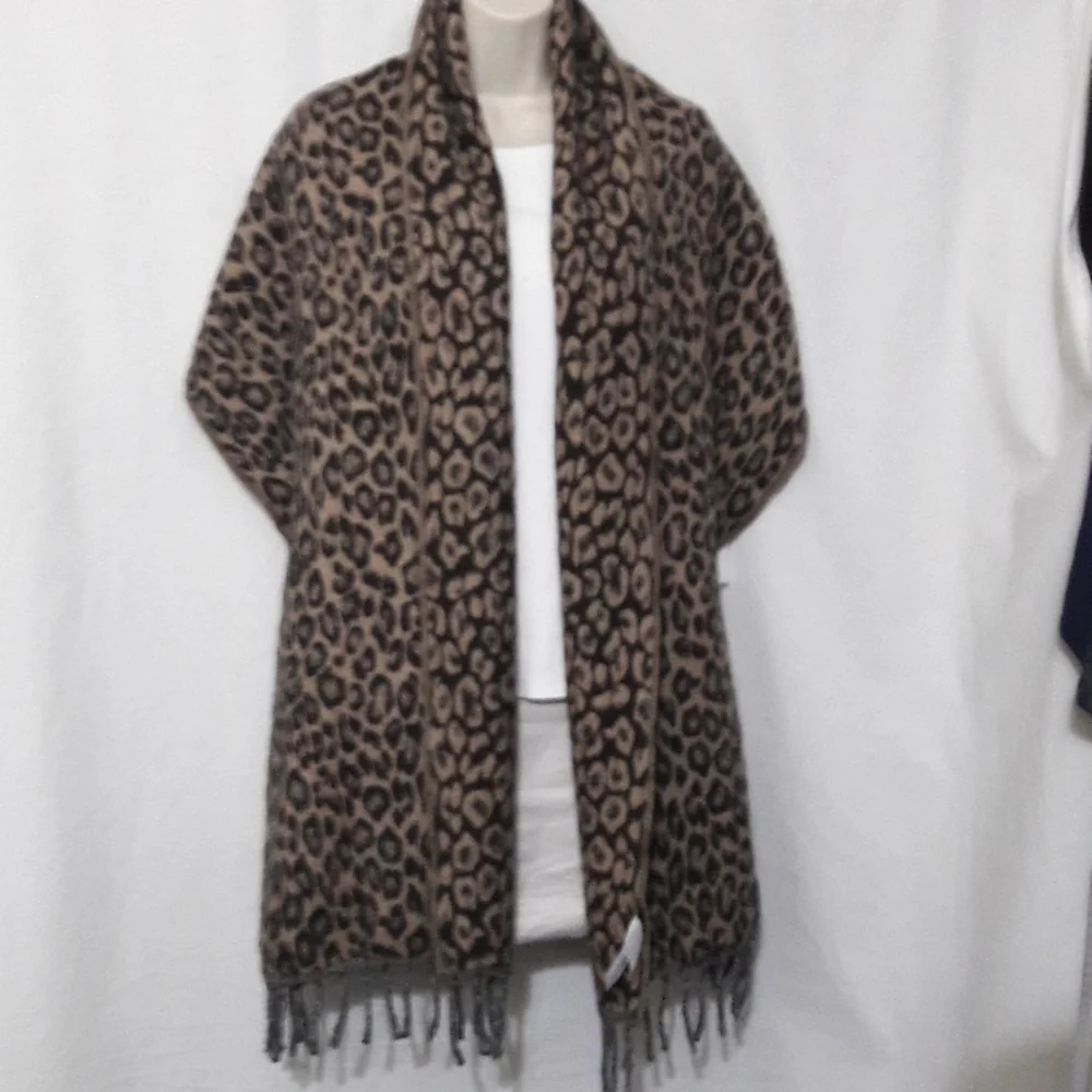 J Crew Women Wool Blend Animal Print Scarf Wrap Twist Fringe Brown Tan O…